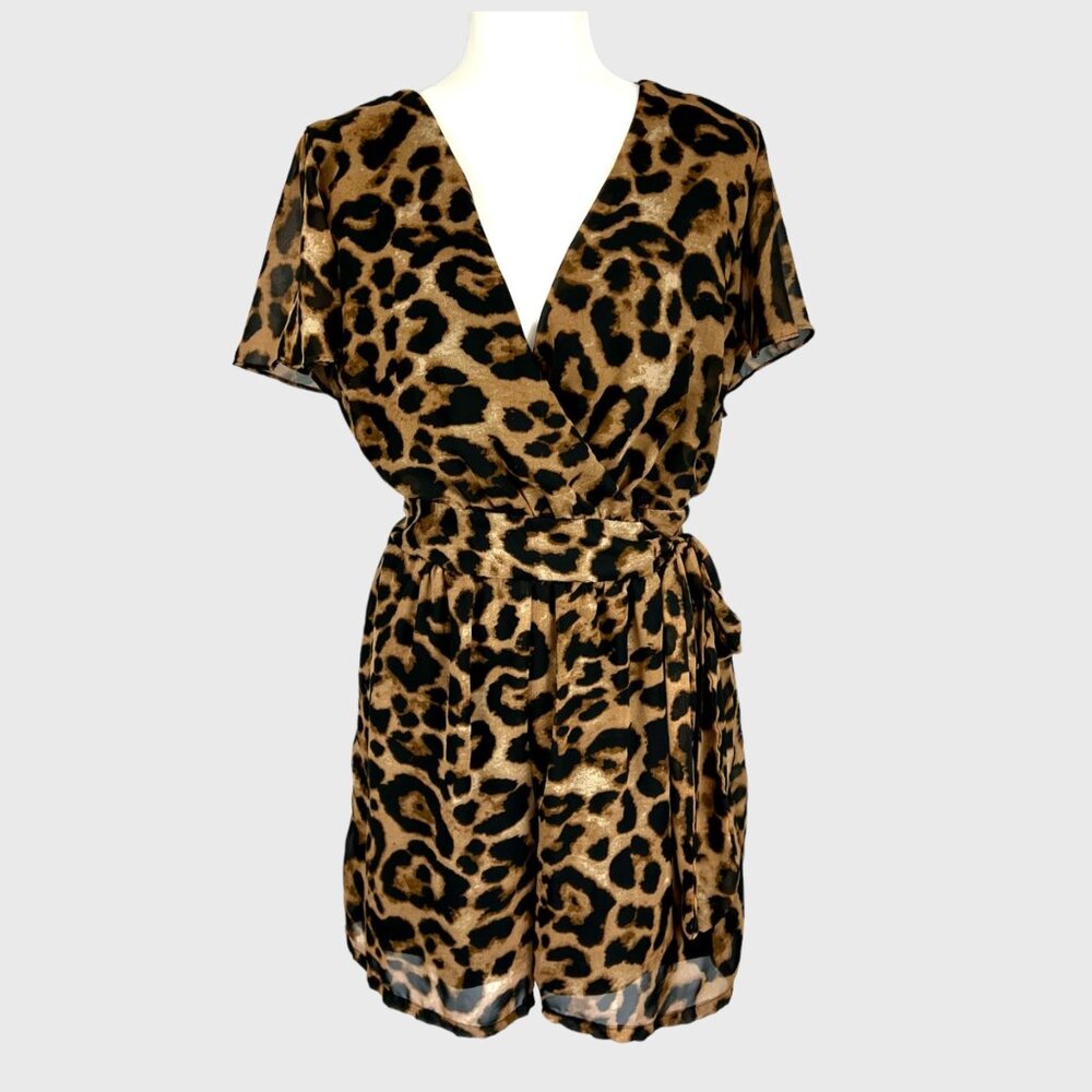 Halo Leopard Animal Print Faux Wrap Shorts Romper Brown Tan size Medium